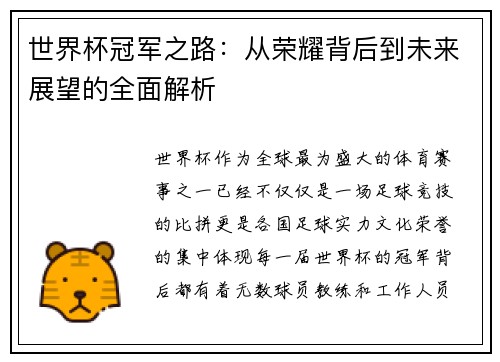 世界杯冠军之路：从荣耀背后到未来展望的全面解析