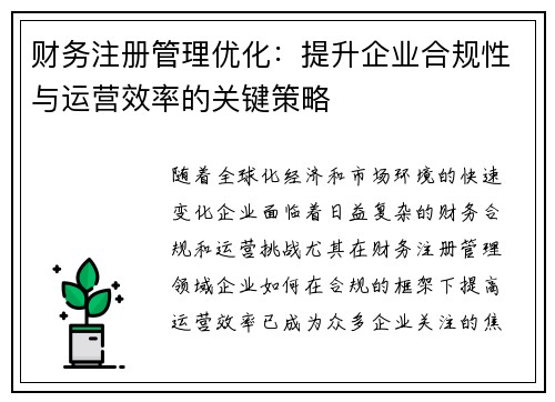 财务注册管理优化：提升企业合规性与运营效率的关键策略