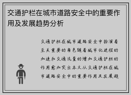 交通护栏在城市道路安全中的重要作用及发展趋势分析