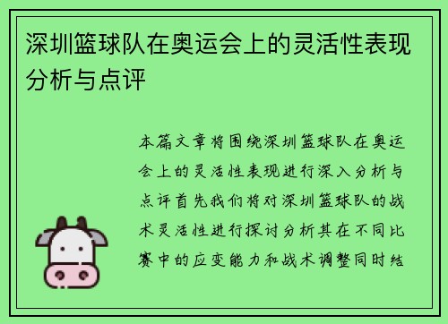 深圳篮球队在奥运会上的灵活性表现分析与点评